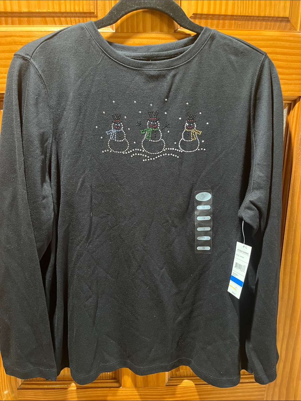 Studio Works Black Long-Sleeve Rhinestone Snowman Tee